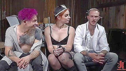 Blonde in black dress in a threesome in a double penetration