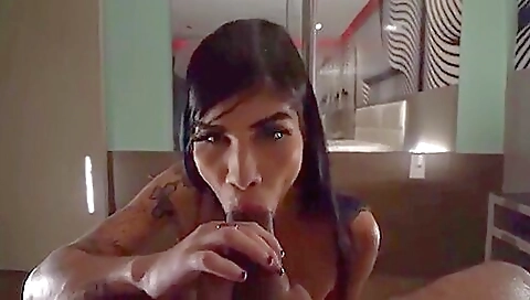 Brunette with tattooed ass gets her ass fucked by a black man