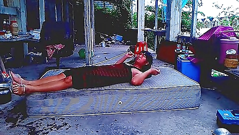 Asian teen is naked outdoors and naked after a long day at work