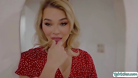 Busty blonde babe gives a deep throat and gets her mouth stuffed