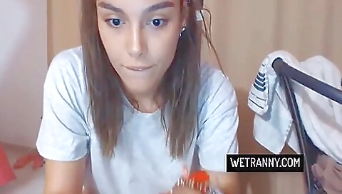 My brunette big tits shemale tattooed in a solo video