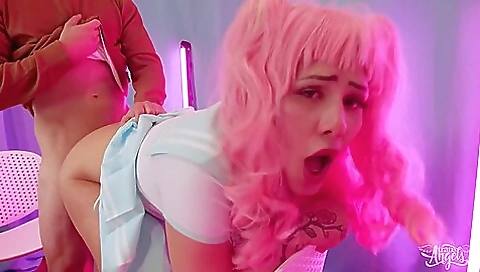 Tattooed woman in red stockings gets fucked in anal