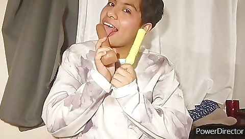 Red dress brunette masturbates in a sexy dress solo video