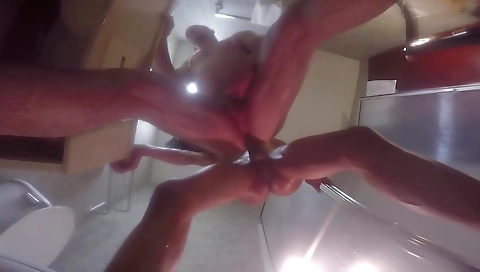 Ebony shemale gets her butt fucked by a dude in shower