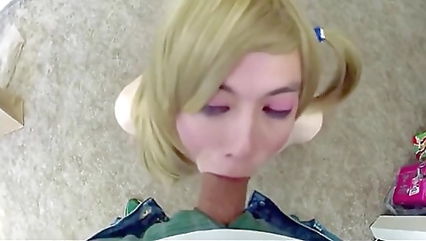 Trans slut fucked with her mouth for the first time in the kitchen