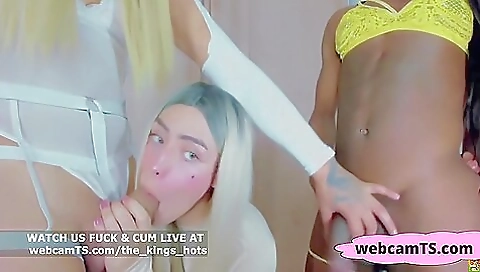 Two shemale and a latina have a big cock threesome